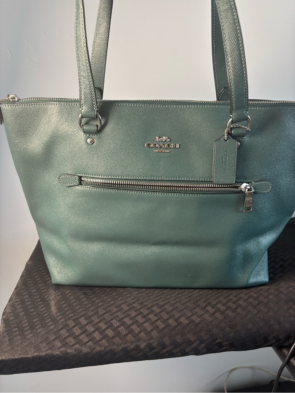 Coach Green Leather Tote Bag with Front Zip Pocket